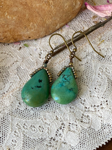 Turquoise, Blue/Green w/Gold Filled Seed Beads Earrings