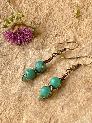 Turquoise, Wire Wrapped  2 Stone Earrings