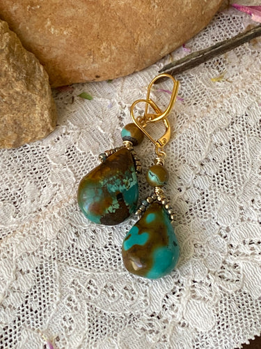 Turquoise, Brown &n Blue, Wire Wrapped with Seed Beads Earrings